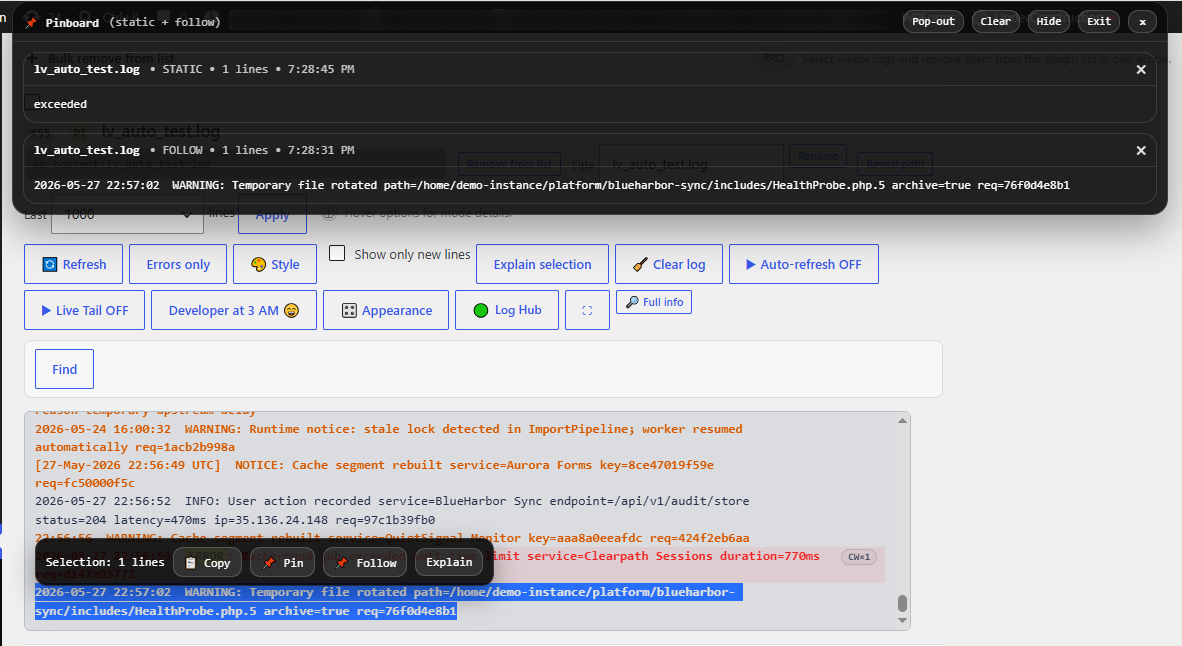 Pinboard pinned log monitoring workspace